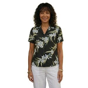 Tommy Bahama Women’s Black Tropical Print Silk-Linen Button-up Shirt